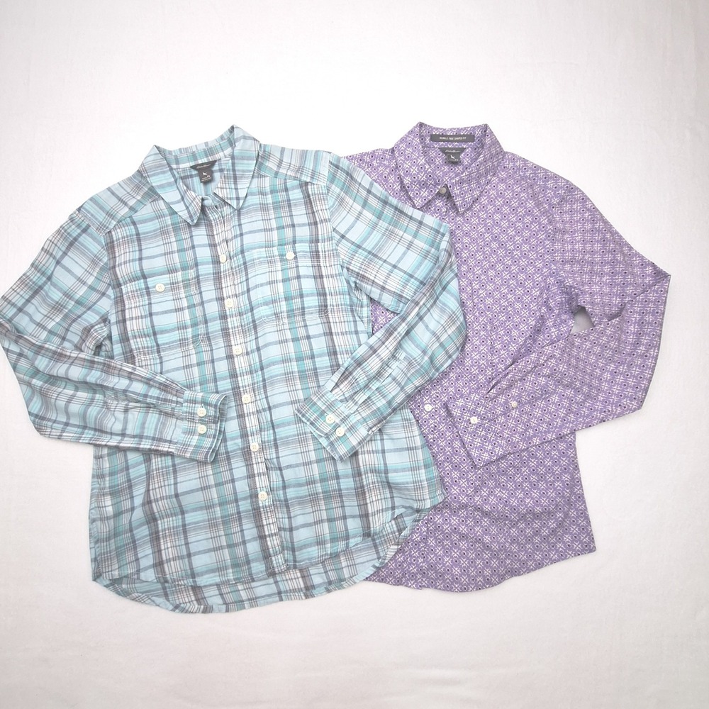 Eddie Bauer Button Down Shirts Womens PS Purple Blue Plaid Wrinkle Free Bundle
